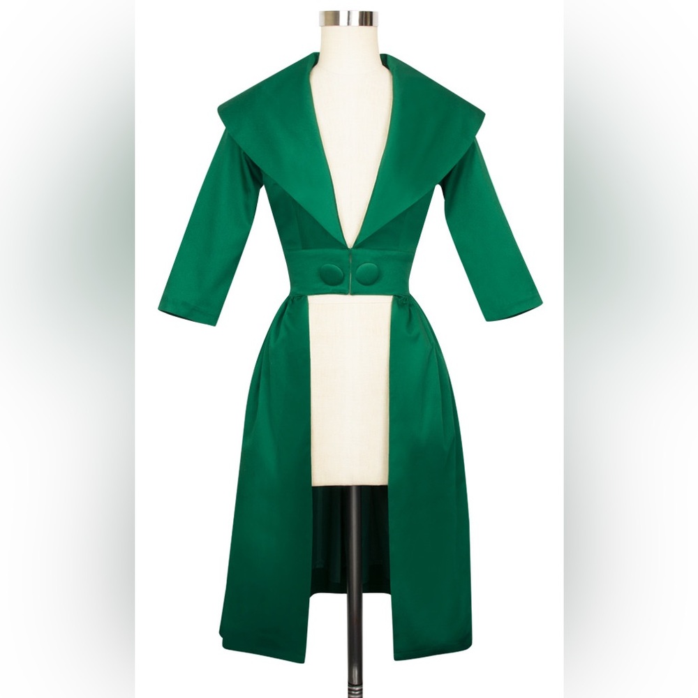 Trashy Diva Kelly Cutaway Coat Dress in Green, stretch cotton sateen Size 14